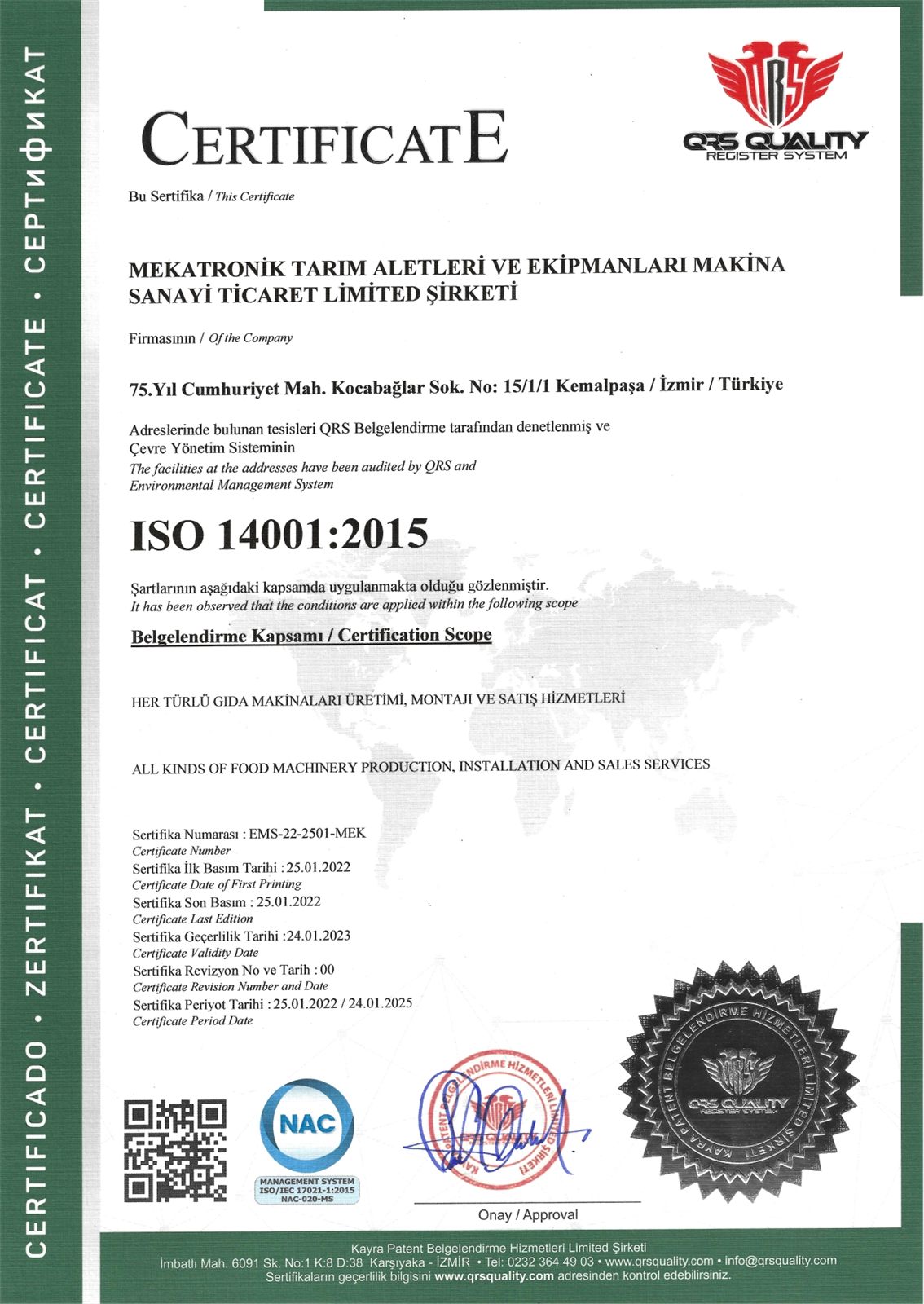 نسخة ممسوحة من شهادة ISO 14001