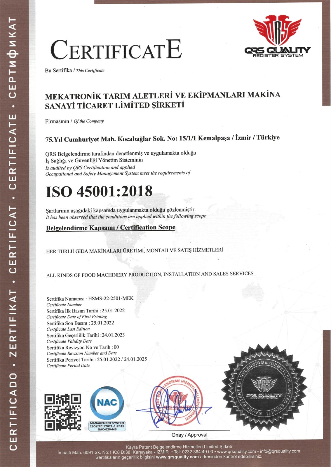 نسخة ممسوحة من شهادة ISO 45001